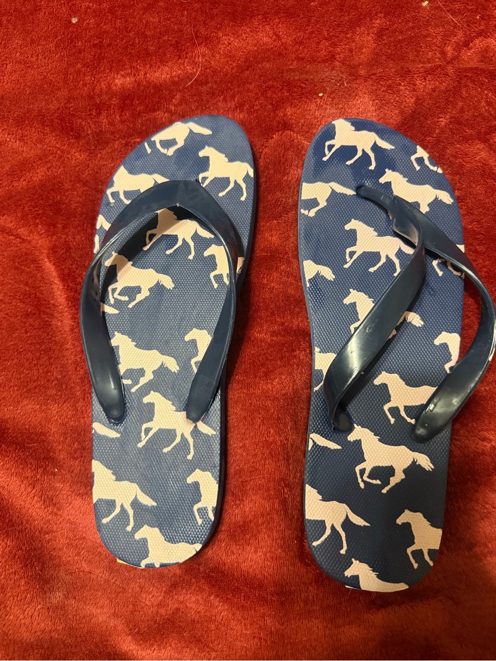 Navy Flip Flops with Light Pink Horse Print
